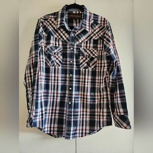 Rock&Roll Cowboy Men's Plaid Button-Up Shirt Long Sleeves Casual Blue Red White